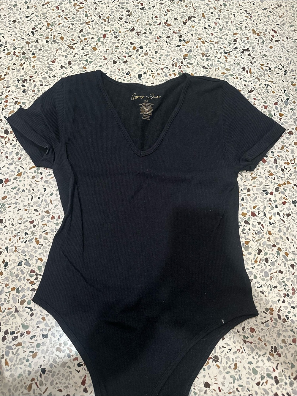 Black Ribbed V-Neck Short Sleeve Bodysuit